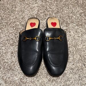 Black Leather Mules with Gold Bit Detail